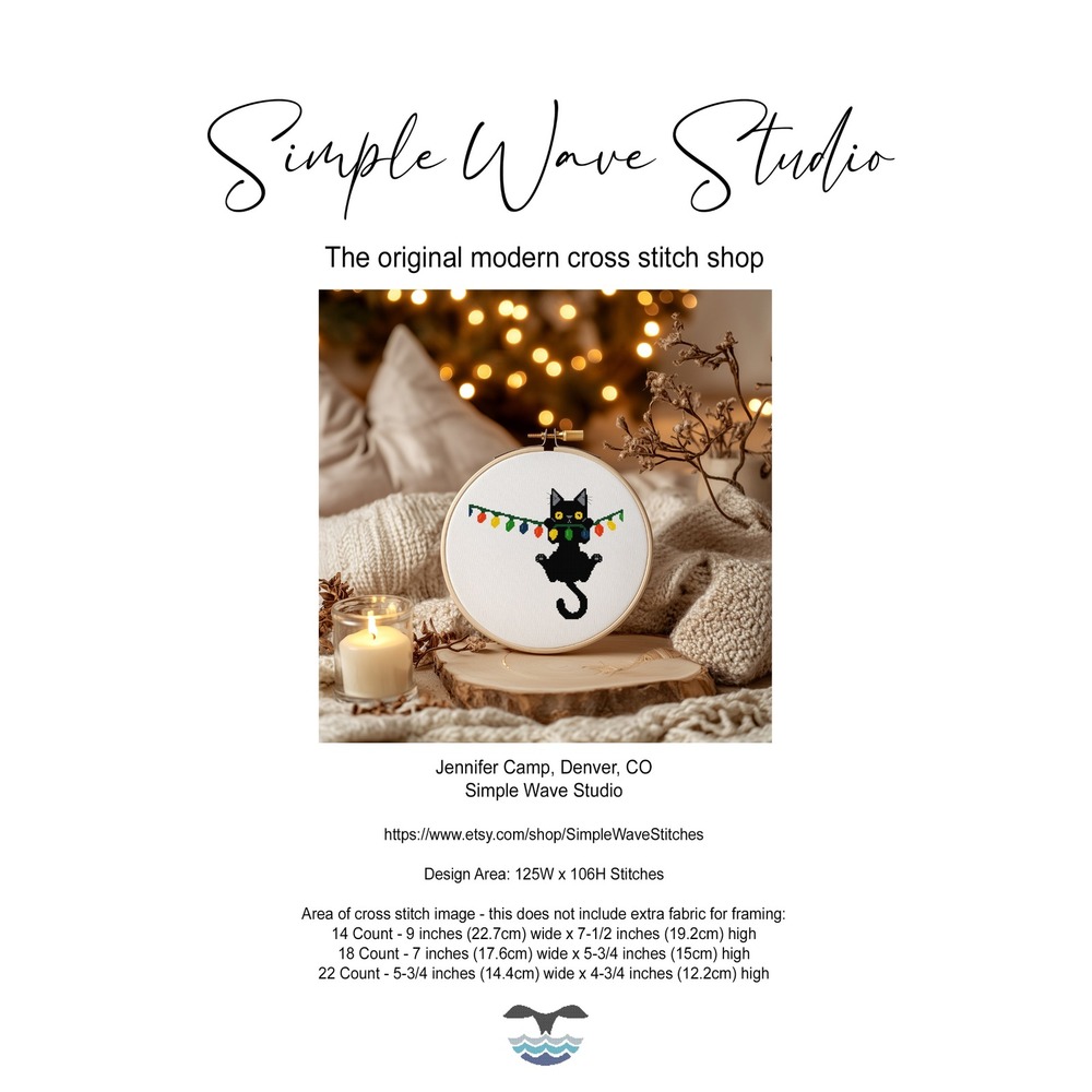 Christmas Black Cat Hanging Lights Humor Counted Cross Stitch Pattern Kit